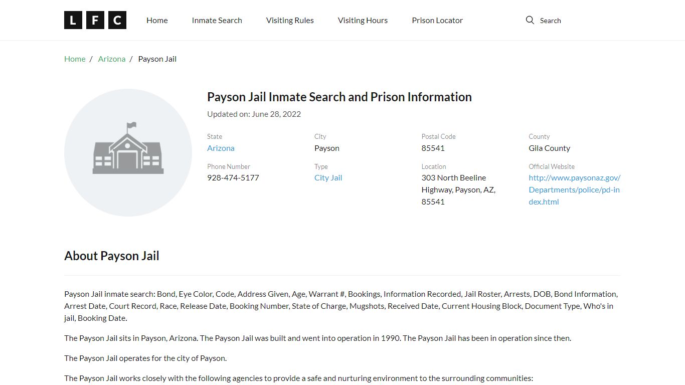 Payson Jail Inmate Search, Visitation, Phone no. & Mailing ...